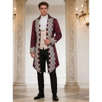 Herren Viktorianischer Barock-Spitzenapplikationen Langer Mantel - Vintage Burgunderroter Königshof-Frack für Halloween-Cosplay-Party