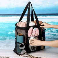 Large Capacity Mesh Toiletry Bag Portable Handbag for Going Out Polyester Black Beach Bag Suitable for Outdoor Play