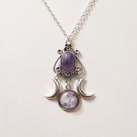 Personality Punk Sliver Color Triple Moon Goddess Round Oval Amethyst Pendant Necklace for Women Creative Charm Jewelry Gifts