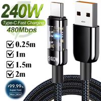 240W USB to Type C Data Cable LED indicator Mobile Phone USB C Super Fast Charging Cord Wire 0.25m/1m/1.5m/2m For iPhone Xiaomi