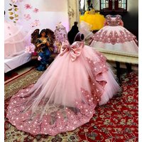 Pink Tulle Flower Girl Dress For Wedding Sleeveless Applique With Bow Puffy Floor Length Princess Kids First Communion Ball Gown