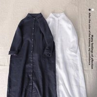 Cotton Linen Long Dress Pure Color Button up Shirt Style Doll Collar Women's Fashion Autumn Season Single Piece Long Sleeve