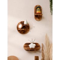 1/2-tier Wooden Shelves Oval Charcoal Color Floating Wall Shelf Display Stand Boho Home Decor Ledge Storage Rack for Living Room