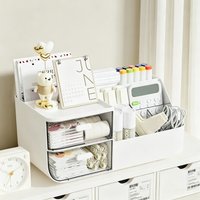 Large Capacity Multifunctional Pen Holder Desktop Organizer with 2 Clear Drawers Office School Supplies Storage Container