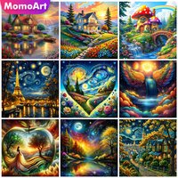 Momoart Diamond Mosaic House Landscape Rhinestones Painting Tower Full Square Round Embroidery Tree Pattern For Adults Beginners