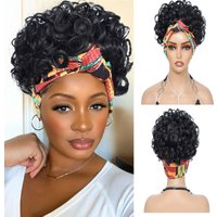 Black women's curly wig, made with African short ribbons and curly ribbons, black synthetic wig without curly bangs
