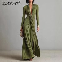 Women's Elegant Deep V Neck Maxi Dress Spring Twist Knot Ruched Floor-Length Evening Gown Autumn New Long Sleeve Slim Boho Dress