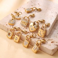 18K Gold Plated Lock & Heart Charms Stainless Steel Zircon Pendants with Lobster Clasp for DIY Bracelet Necklace Jewelry Making