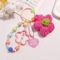 Cartoon Wool Knitted Flowers Key Chains Beaded Wristlet Lanyard Bracelet Keyring For Women Girl Bag Pendant Charms Keychain Gift