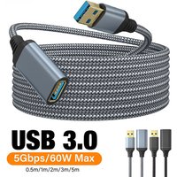 60W USB 3.0 Male To Female Extension Cable Nylon Fast Charging 5Gbps Data Transfer Cable For Laptop TV Camera 0.5m/1m/2m/3m/5m