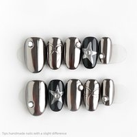 10pcs Y2k Handmade Silver Black Star Bow Press on Nails Square Short Wearable Reusable Trendy False Nails 2026 for Street Style