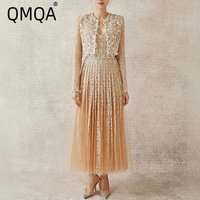 QMQA Fashion Women's French Niche Embroidery 2 Piece Set Long Sleeve Shot Coat Patchwork Mesh Sling Dresses 2025 New QM327