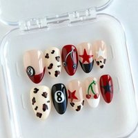 10pcs Red And Black Billiard Short Almond Handmade Press-On Nails,Suitable For Women's Christmas Parties Wear