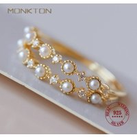 Monkton 925 Sterling Silver Fashion Freshwater Pearl Rings for Women 14K Gold Plated Stackable Eternity Ring Accessories Jewelry
