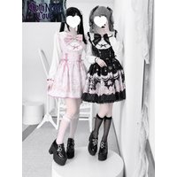 Summer Japanese Sweet Lolita Dress Women Long Sleeve Doll Collar Print Elastic Waist Dress Jirai Kei Y2K Subculture Kawaii Dress