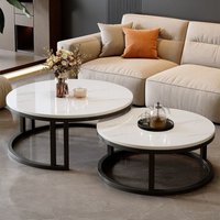 Modern Minimalist Marble Nesting Coffee Table Set, Round Stone Top with Metal Frame, Circular Center Tables for Living Room Home