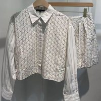 Women bead sequin fashion set stripe long sleeve shirt tops + high waist mini Flower bud skirt