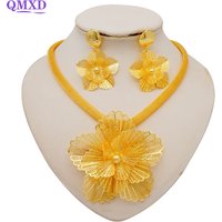 Ethiopia Dubai Gold Colour Jewellery Set African Flower Necklace Earring Set Flower Pendant Wedding Jewellery Bridal Gift