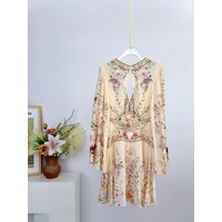 2026 Women's Crystal Beaded Dress 100% Silk Floral Print V-Neck Long Sleeve Backless High Waist Fashion Ladies Mini Robe