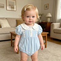 2026 Summer New 0-24M Baby Girls Jumpsuit Korean Version Short Sleeved Bodysuit Flower Embroidered Sweet Blue Romper