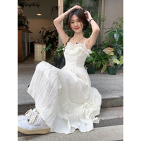 White Dress Women Sweet Ruffles Summer Sleeveless Princess Aesthetic A-line Sundress Holiday Leisure French Style Designed 2023
