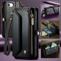 Case for iPhone 17 16e 16 15 14 13 12 11 Pro Max Leather Strap Zipper Card Holder Phone Wallet Case