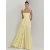 LIinar Women's Spring 2026 Elegant Solid-Color Low-Neck Pleated Spaghetti-Strap Waist-Cinched Backless Vacation Long Dress
