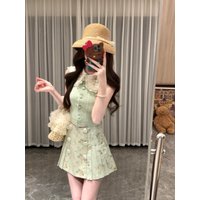 Sweet Gentle Knitted Green Floral Print Skirt Set Doll Collar No Rest Break Breathable Comfortable Spring Fashion Women's Outfit