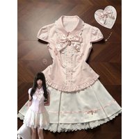Kawaii Sweet Bow Patchwork Slim Short Sleeve Striped T-shirts + Japanese Cute Lace High-waist Short Skirt 2-piece Set Women's