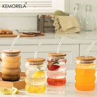 Tasse en Verre Créative avec Couvercle, Paille, Résistant à la Chaleur, Vague, Bière, Jus, Glace, Café, Cocktail, Fruits, Bulle, 4 Pièces