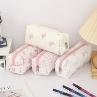 Cute Floral Bowknot Quilted Pencil Pouch, Large Capacity Single Layer Stationery Storage Bag Back to School Must Have