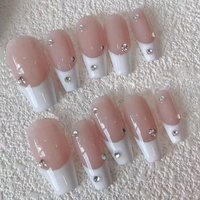 10pcs Handmade Pink White Rhinestone French Press On Nails Long Coffin Full Cover Wearable Reusable Luxury Fake Nails 2026