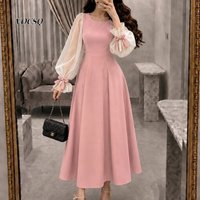 Prom Dress Elegant Sheer Long Puff Sleeve Bow Detail Round Neck High Waist A-Line Midi Wedding Guest Evening Gown Customized