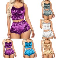 Women's Velvet Polyester Comfortable V-neck Underwear Setcamisole+shorts Pajamas Set Home Clothes Sleeveless Shorts