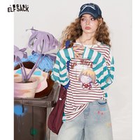 ELFSACK 2025 Summer New Arrival Casual Clash Of Colours Striped Printed Long-Sleeved T-Shirt For Woman