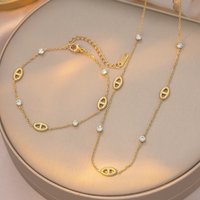 French Style Minimalist Necklace & Bracelet Set, White Zircon Pig-Nose Stainless Steel Women Jewelry Sets, Elegant Collar Chain