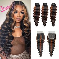 Premium T1b/30#Loose Deep Wave Human Hair 3 Bundles and 4x4 lace Closure Soft Bouncy Light Weight High Quality 100% Unprocessed
