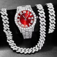 3PCS Iced Out Hip Hop Men Quartz Watch Luxury Diamond Women Wristwatch Cuban Link Chain Bracelet Necklace Jewelry Set