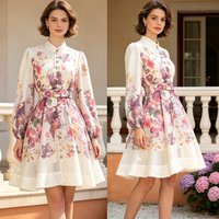 Elegant Retro Printed Stand Collar Single Button Slimming Short Dress Umbrella Skirt Polyester Fiber Long Sleeve Spring Autumn