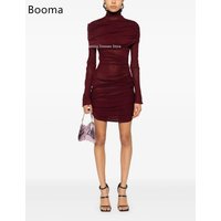 Booma Elegant Mini A-Line Long Sleeve Dresses Formal Party Gowns for Women High Neck Simple Prom Gown Customize