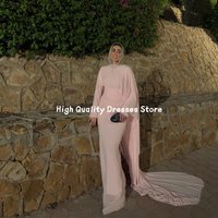 Evening Dresses 2026 New Light Pink Flowy Chiffon Cape Long Sleeve Ruched Maxi Dress Floor Length Gala Outfit Customized
