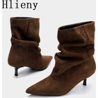 Liyke Brown Retro Elegant Designer Ankle Boots Women Fashion Pleated Suede Autumn Winter Low Thin Heels Party Prom Chelsea Shoes