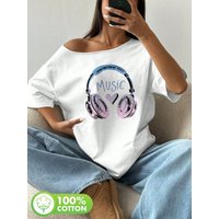 Plus Size 100% Cotton Shoulder Loose Print T-Shirt Oversized Y2K Style Graphic Tees Women Tops Summer Off The Shoulder Top Lo