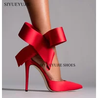 Big Butterfly Women Satin Pumps Bow Pointed Toe Ankle Strap Stiletto High Heels Women Celebrating Party Shoes Plus Size 43