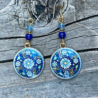 Retro Zinc Alloy Earrings with Artificial Gemstones and Blue Floral Patterns, Perfect for Women's Cocktail and Wedding Wear