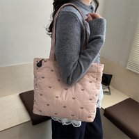 Bow Embroidery Minimalist Argyle Quilted Tote Bag Solid Color Large Capacity Zipper Soft Shoulder Bag Daily Commute Shopping