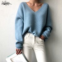 Mode koreanische gestrickte feste Frauen Pullover elegante V-Ausschnitt Tops lässig lose weiße Pullover Herbst Winter Kleidung ziehen Femme