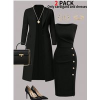 Women's New Autumn and Winter Elegant Set: Solid Color Long-Sleeved Open-Front Blouse, Long Coat + Versatile Fitting Mid-Length Sleeveless Buttoned Dress Two-Piece Set