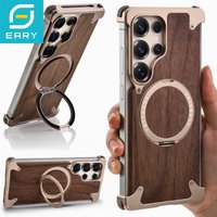 Eary Wood Phone Case for Samsung Galaxy S25 S24 Ultra Magnetic Stand 360° Rotate for Magsafe Bumper Frameless Protective Cover