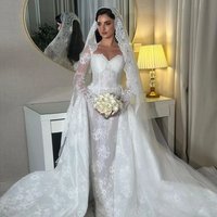 Romantic Sweetheart White Lace Wedding Dress Long Sleeve Muslim Bridal Dress Detachable Tail Retro Evening Dress Customized